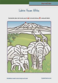 permainan anak untuk PAUD (balita/TK), gambar labirin/maze : jerapah, gajah